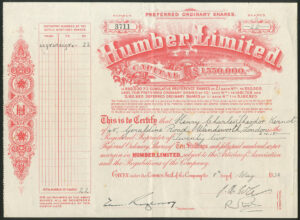 Humber Ltd., Preferred Ordinary shares, 1933, Motor Car Manufacturer