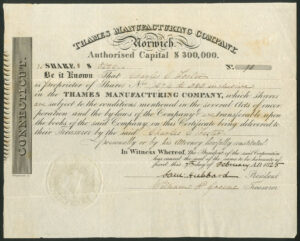 U.S.A: Thames Manufacturing Co., $10 shares, 1825
