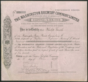 U.S.A: Washington Brewery Co. Ltd., £10 preference shares, 1898
