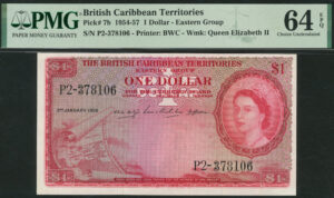 British Carribean, Eastern Group, 1 dollar, 3rd January 1956 (Pick 7b), PMG 64 Choice Uncirculated