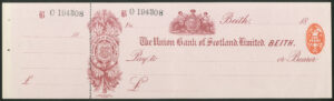 Union Bank of Scotland Ltd., Beith, unused cheque, 18[91]