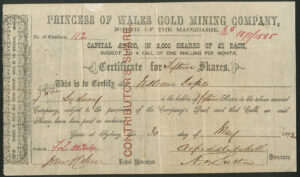 Australia: Princess of Wales Gold Mining Co., £1 shares, 1872