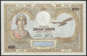 Yugoslavia, National Bank, 1000 dinara, 1-12-1931 (Pick 29). UNC