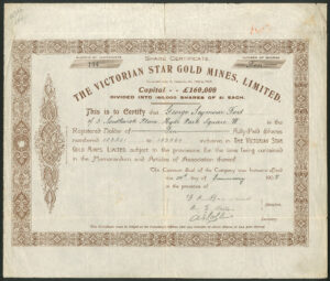 Australia: Victorian Star Gold Mines Ltd., £1 shares, 1908