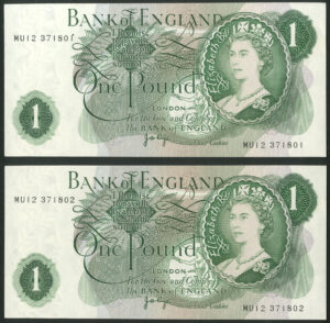 Bank of England, J. B. Page, 1 pound, (1970), MU12 replacement, consecutive pair (EPM B323). AUNC