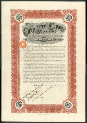 U.S.A., Otis Steel Co. Ltd., debenture for £10,000, of 5 issued in August 1896, #5