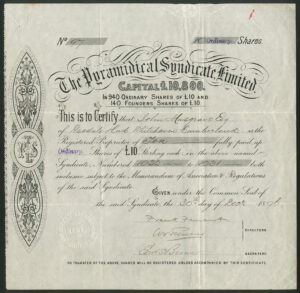 Pyramidical Syndicate Ltd., pair of certificates for £10 shares, founders and ordinary, 1896