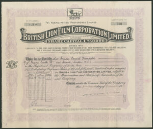 British Lion Film Corporation Ltd., 10/- Preference shares, 1935
