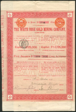 South Africa, White Rose Gold Mining Co. Ltd., 5 shares, 1895
