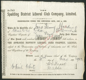 Spalding District Liberal Club Co. Ltd., £1 shares, 189-