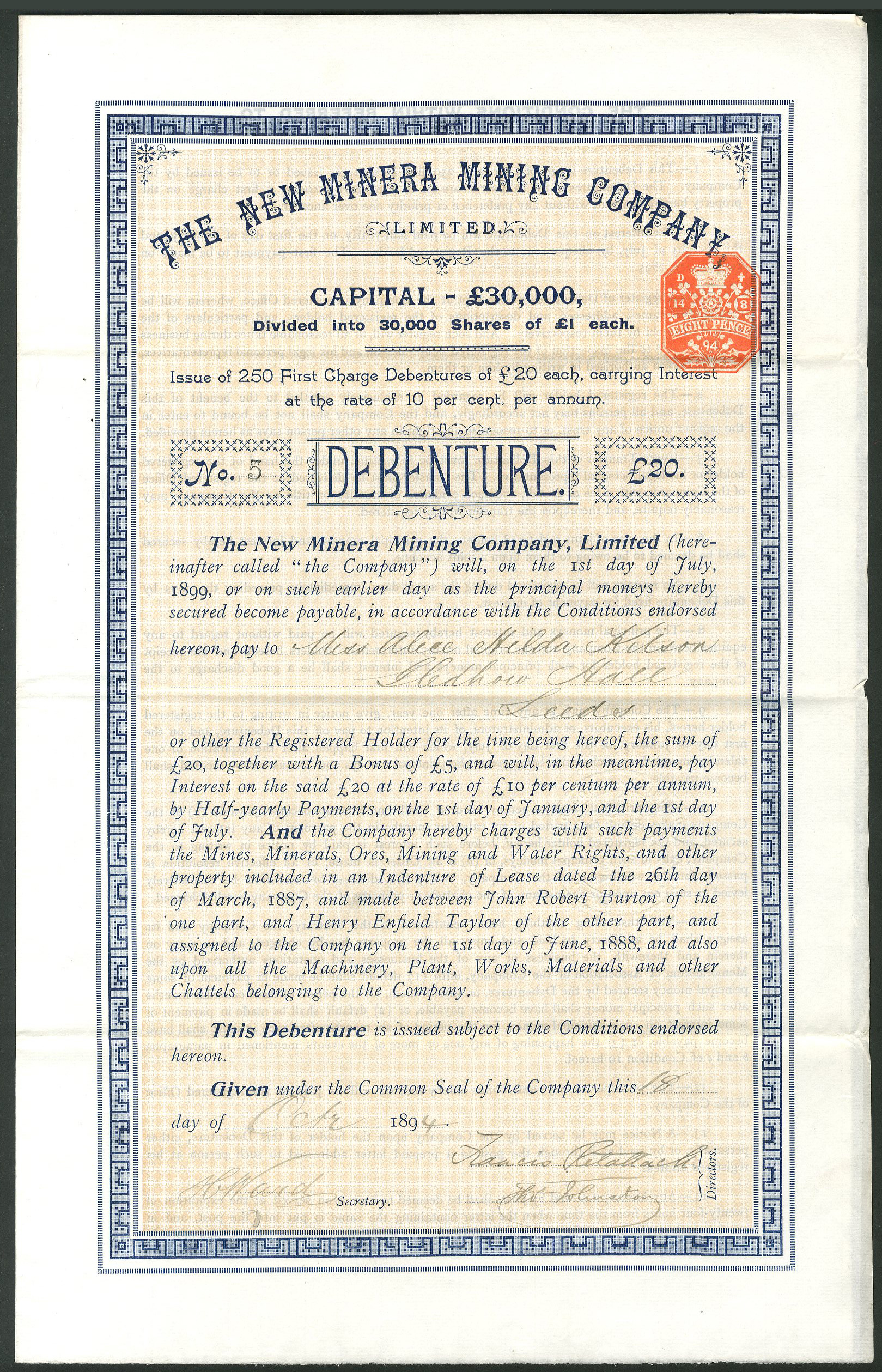 New Minera Mining Co. Ltd., First Charge Debenture, £20, 1894 - M ...