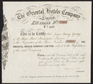 Ceylon and Egypt: Oriental Hotels Co. Ltd., £10 share, 1863