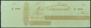 Drummond, London, Bearer cheque, 18[58], draft on demand duty stamp