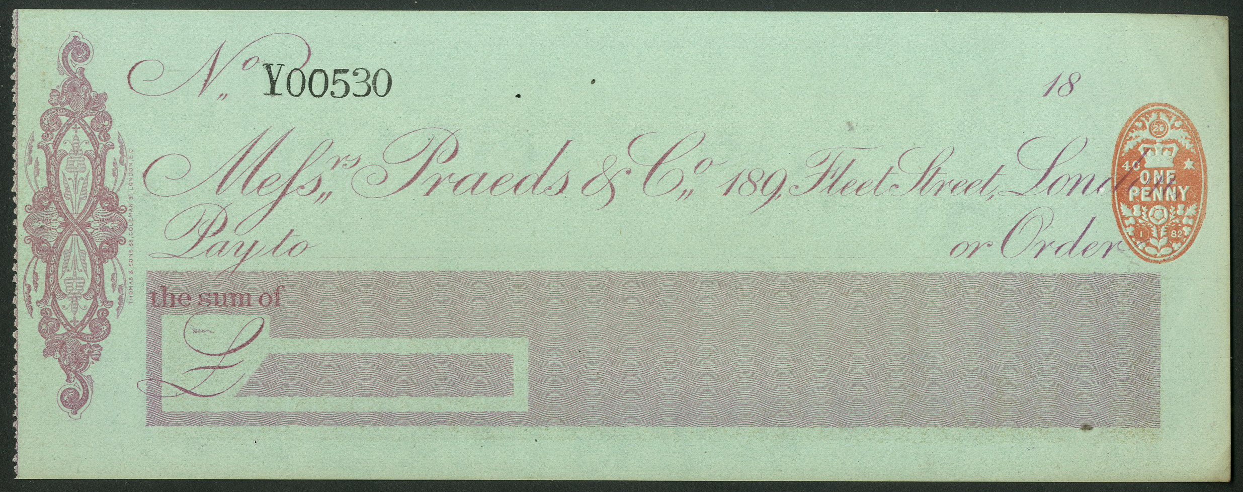 Praeds & Co., London, 189 Fleet Street, Order, 18[82], no counterfoil ...