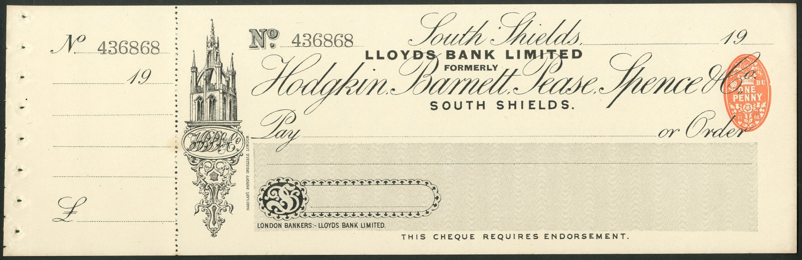 Lloyds Bank Ltd., South Shields, ovpt. Hodgkin, Barnett, Pease, Order ...