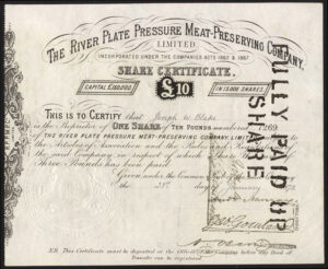 Uruguay, River Plate Pressure Meat Preserving Company Ltd., £10 share, 1872