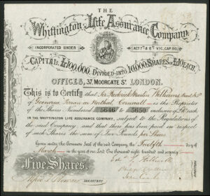 Whittington Life Assurance Company, 5 shares of £10, 1870, small vignette of Richard (Dick) Whittington
