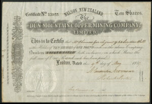 New Zealand: Dun Mountain Copper Mining Company Limited, 10 shares, 1857