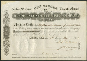 New Zealand: Dun Mountain Copper Mining Company Limited, 20 shares, 1857