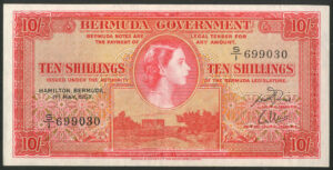 Bermuda, Government, 10 shillings, 1st May 1957, (Pick 19b), GVF