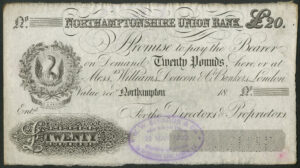 Northamptonshire Union Bank, £20, 18-, Specimen by Sprague