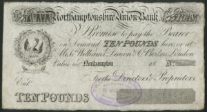 Northamptonshire Union Bank, £10, 18-, specimen by Sprague, 1888, EF