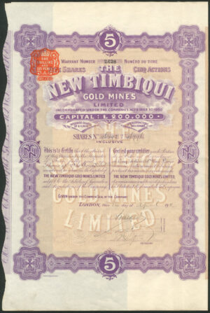 Colombia: New Timbiqui Gold Mines Limited, 5 shares, 1911