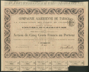 France, Compagnie Algerienne de Tabacs...., 500 franc share, 1874