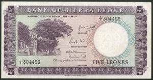 Sierra Leone, Bank of Sierra Leone, 5 Leones, (1970), prefix B/39, (Pick 3a), EF