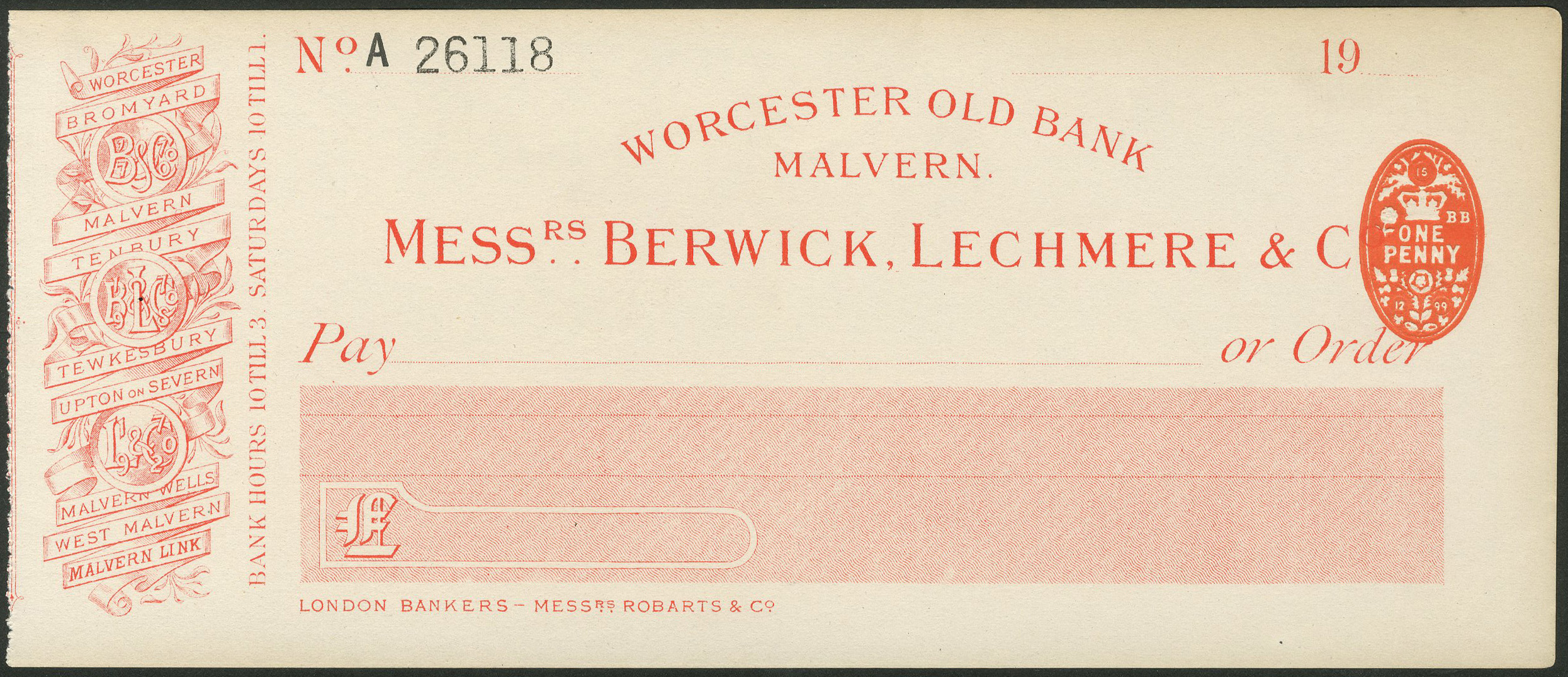 Berwick, Lechmere & Co., Malvern, Worcester Old Bank, 19[99], unused ...