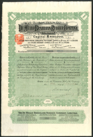 Brazil: De Mello Brazilian Rubber Company Limited, 1 share, 1907