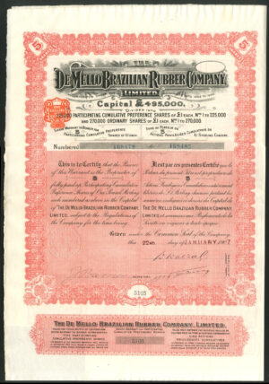 Brazil: De Mello Brazilian Rubber Company Limited, 5 shares, 1907