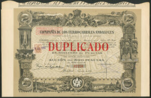 Spain: Compañia de Los Ferro-Carriles de Andaluces, a DUPLICATE 500 peseta share, 1924