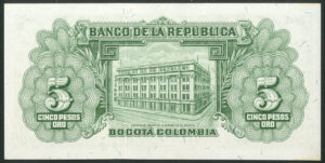 Colombia, El Banco de la Republica, 5 pesos, 1 August 1953, Pick 399a, UNC - Image 2