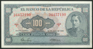 Colombia, El Banco de la Republica, 100 pesos, 20 July 1965, Pick 403c, UNC