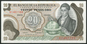 Colombia, El Banco de la Republica, 20 pesos, 1 May 1972, Pick 409a, AUNC