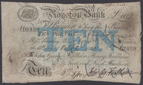 Royston bank 10 pounds 1853 obv