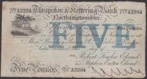 Thrapston & Kettering Bank (Robert Fowler Eland and Stephen Eaton Eland), 5 pounds, unissued 18- (circa 1880)