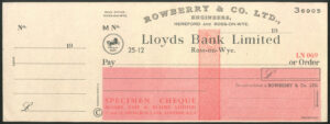 Lloyds Bank Limited, Ross-on-Wye, special for Rowberry & Co. Ltd., specimen, circa 1960
