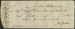 Messrs Boldero, Carter, Barnston & Snaith, London, used cheque, 1767,  signed by James Gordon, cancelled.