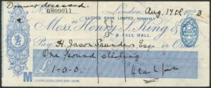 Lloyds Bank Limited, overprint on Henry S. King & Co., London, 9 Pall Mall, 192[3], used cheque, blue. VF and rare.