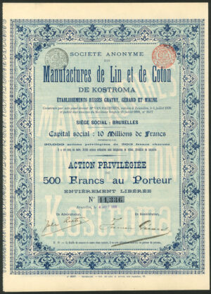 Russia, Société Anonyme des Manufactures de Lin et de Coton de Kostroma, preference share, 1899