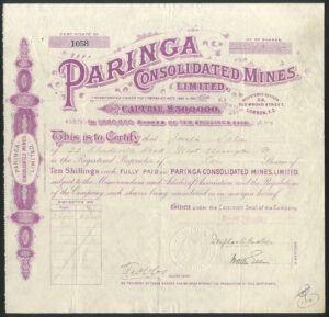 Australia: Paringa Consolidated Mines Ltd., 10 shilling shares, 1898