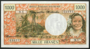 New Hebrides, Institut D'Emission D'Outre-Mer, 1000 francs, (1979), (Pick 20c). UNC, usual rippling