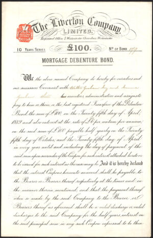 Liverton Company Limited, £100 debenture, 1880, ironstone mine Yorkshire