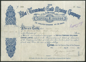 South Africa: Ella (Transvaal) Gold Mining Company Ltd., £1 shares, 189[5], blue. VF.