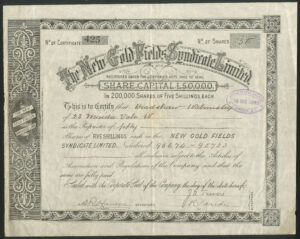South Africa: New Gold Fields Syndicate Ltd., 5/- shares, [1895], black, VF.