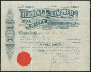 Great Britain: R. F. Hall, Limited, £1 shares, 189[9]