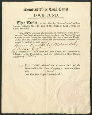 Great Britain: Somersetshire Coal Canal, Lock Fund, certificate for one share, 180[date not completed in error] - Image 2