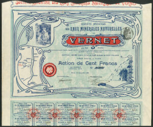 France: S.A. des Eaux Minérales Naturelles du Vernet, 100 franc share, 1900 - Image 1